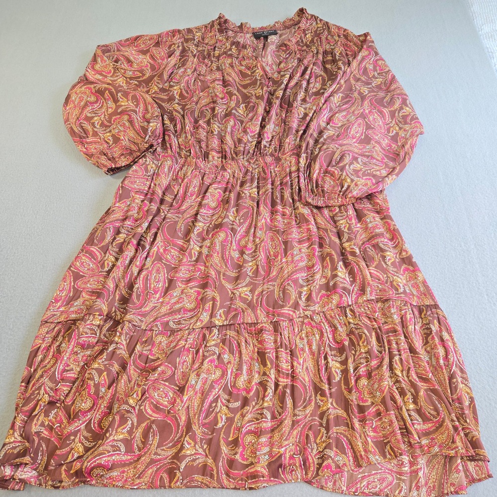Lane Bryant Dress Womens 26P Brown Pink Paisley Ruffle‎ Tiered Midi Boho 3/4 Slv